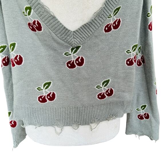Cherry Sweater Knit Thrashed Womens Medium Grey Red V Back Grunge Cozy Punk - Picture 8 of 11